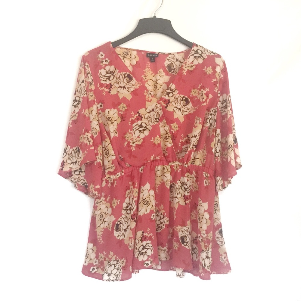 Torrid Lily Floral Faux Wrap Babydoll Blouse Sz 1